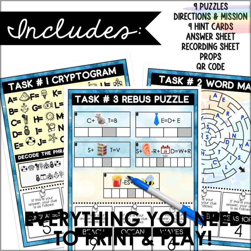 Beach Escape Room Game | Birthday Party Puzzles | Printable Escape Room Game - Teacher Jeanell