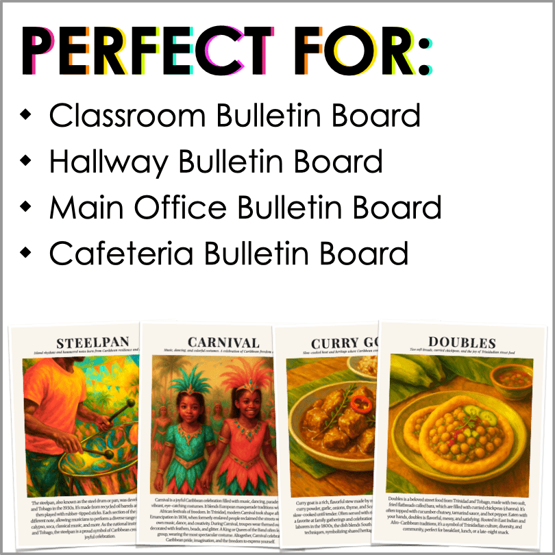 Caribbean American Heritage Month Food and Culture Bulletin Board Posters | Caribbean Heritage Art - Teacher Jeanell