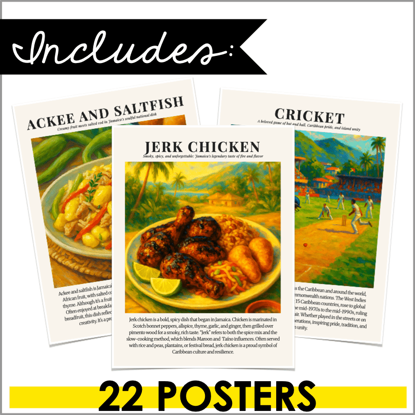 Caribbean American Heritage Month Food and Culture Bulletin Board Posters | Caribbean Heritage Art - Teacher Jeanell