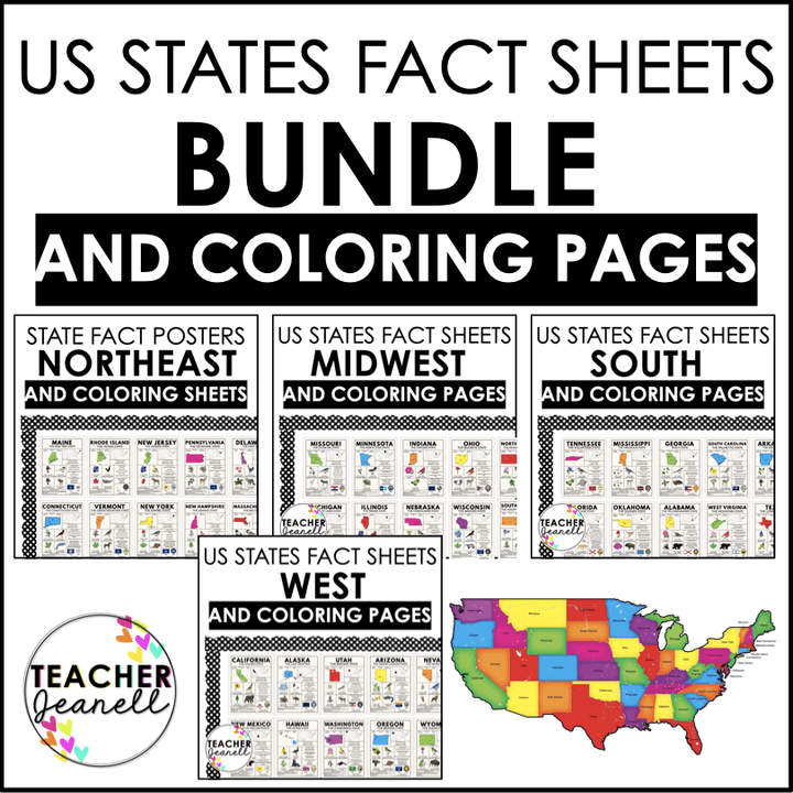 Complete US State Fact Posters & Coloring Sheets Bundle – Northeast, Midwest, South, West Regions – Educational State Symbols & Maps - Teacher Jeanell