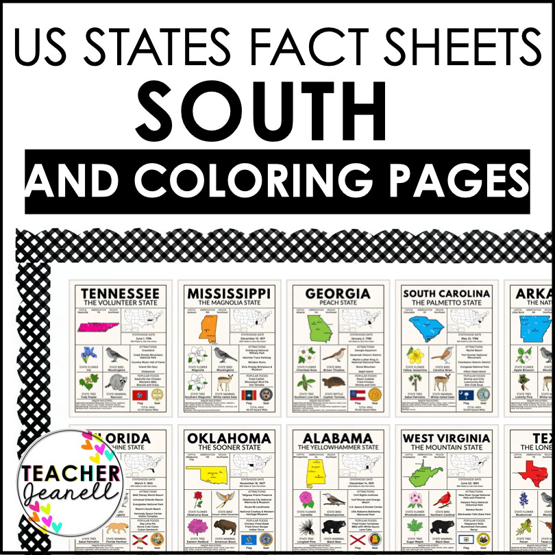 South Region State Facts Poster Bundle – Educational Geography Prints for Classrooms & Home Learning - Teacher Jeanell
