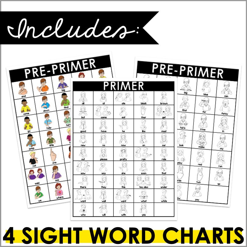 ASL American Sign Language Pre-Primer and Primer Sight Word Charts - Teacher Jeanell