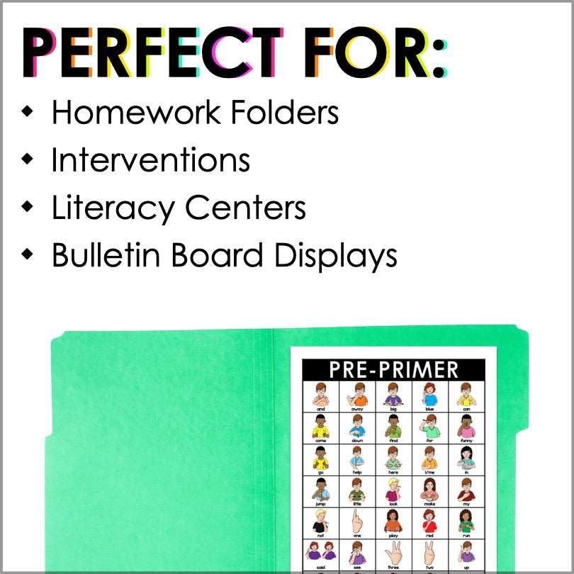 ASL American Sign Language Pre-Primer and Primer Sight Word Charts - Teacher Jeanell