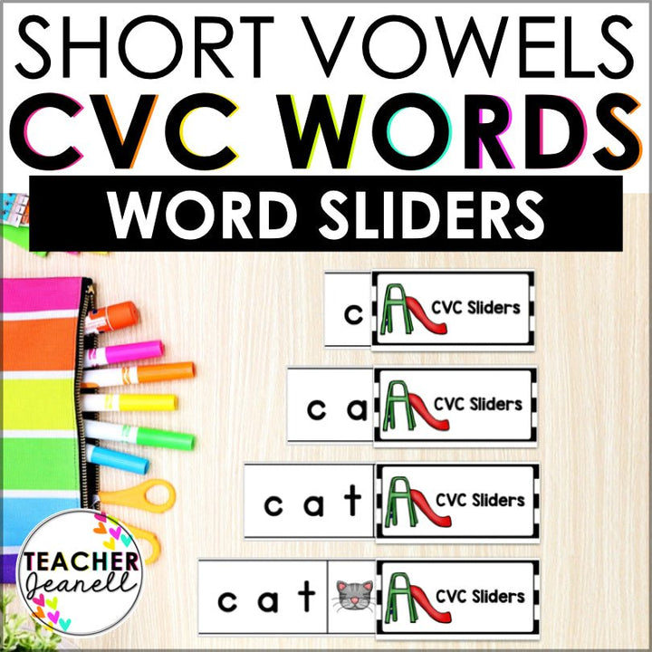 CVC Word Sliders - Short Vowels Segmenting and Blending Word Slider Cards - Teacher Jeanell