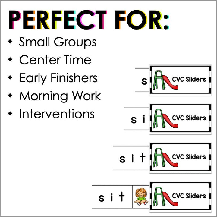CVC Word Sliders - Short Vowels Segmenting and Blending Word Slider Cards - Teacher Jeanell