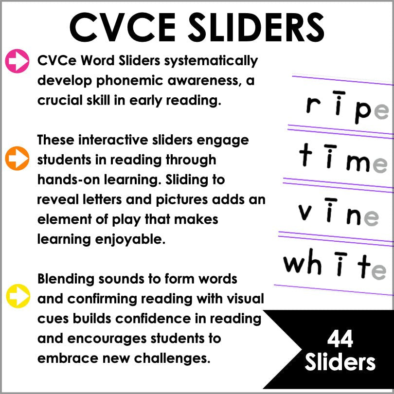 CVCe Word Sliders - Magic e Segmenting and Blending Word Slider Cards - Silent e - Teacher Jeanell