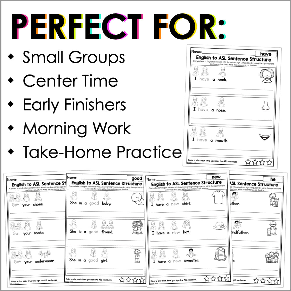 English to ASL Sentence Structure Primer Sight Words Worksheets | ASL Grammar - Teacher Jeanell