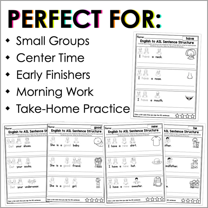 English to ASL Sentence Structure Primer Sight Words Worksheets | ASL Grammar - Teacher Jeanell
