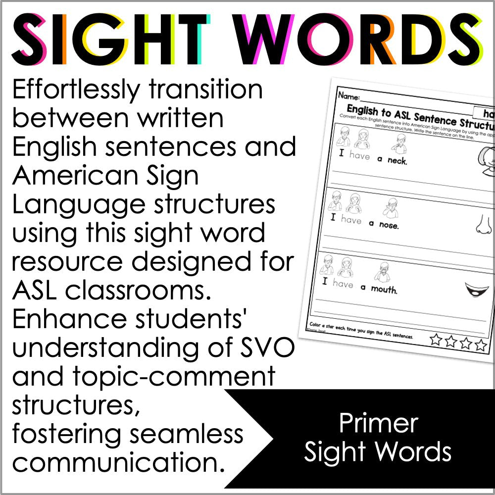 English to ASL Sentence Structure Primer Sight Words Worksheets | ASL Grammar - Teacher Jeanell