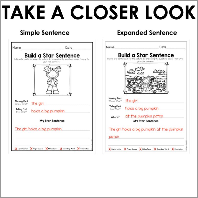 Sentence Writing Fall - Naming and Telling Parts - Sentence Structure - Teacher Jeanell