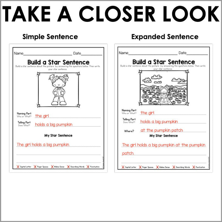 Sentence Writing Fall - Naming and Telling Parts - Sentence Structure - Teacher Jeanell