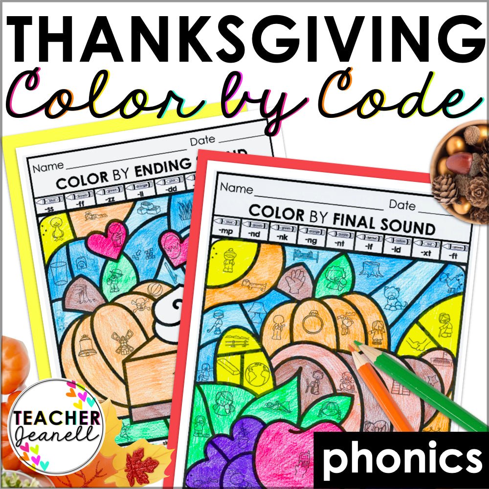 Thanksgiving Color by Code Phonics Worksheets | Thanksgiving Coloring Pages - Teacher Jeanell