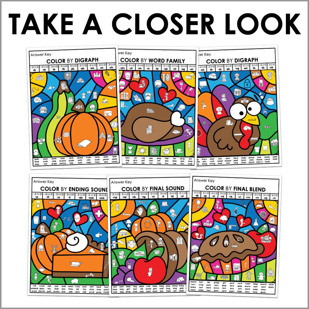 Thanksgiving Color by Code Phonics Worksheets | Thanksgiving Coloring Pages - Teacher Jeanell