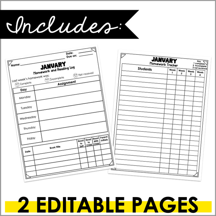 Editable Homework Cover Sheet with Reading Log