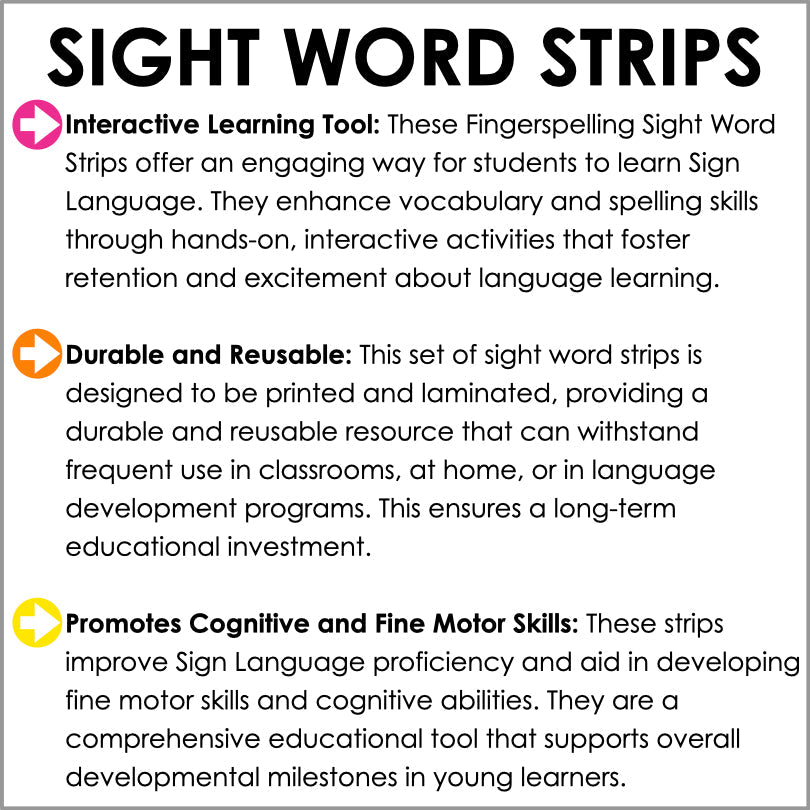 ASL Fingerspelling Sight Word Strips: Learn American Sign Language Easily (PrePrimer) - Teacher Jeanell