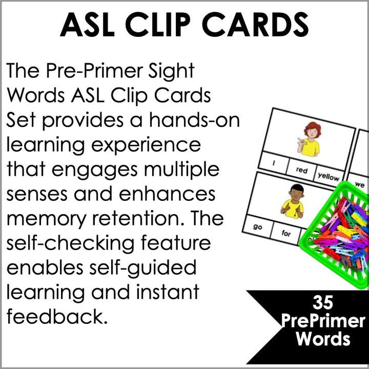 ASL Pre - Primer Sight Words Clip Cards - Teacher Jeanell