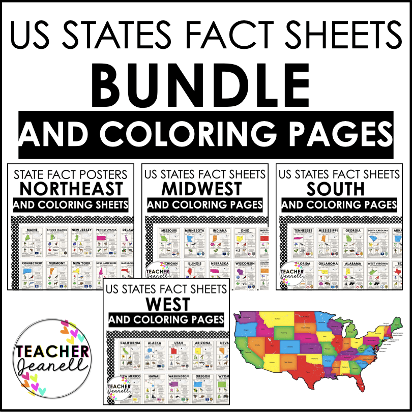 Complete US State Fact Posters & Coloring Sheets Bundle – Northeast, Midwest, South, West Regions – Educational State Symbols & Maps - Teacher Jeanell