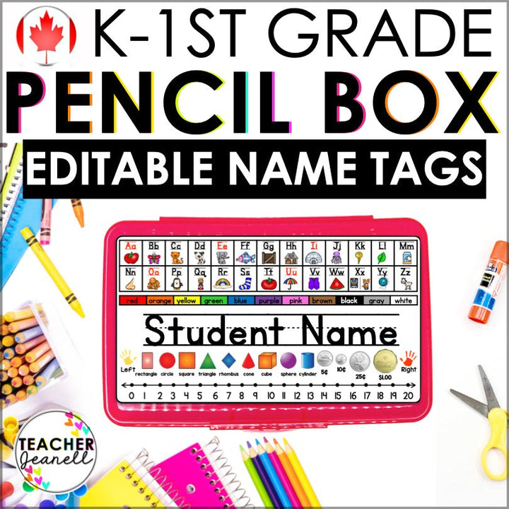 Editable Pencil Box Name Tags for Kindergarten - 1st Grade with Canadian Coins - Teacher Jeanell