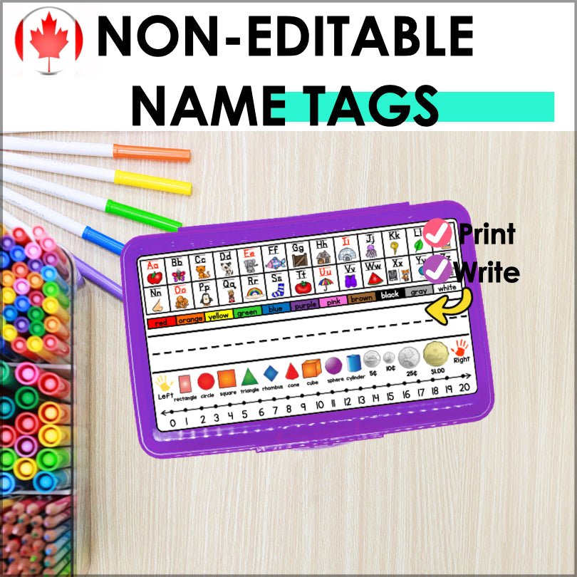 Editable Pencil Box Name Tags for Kindergarten - 1st Grade with Canadian Coins - Teacher Jeanell