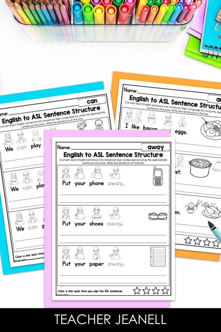 English to ASL Sentence Structure Sight Words Bundle | ASL Grammar Worksheets - Teacher Jeanell