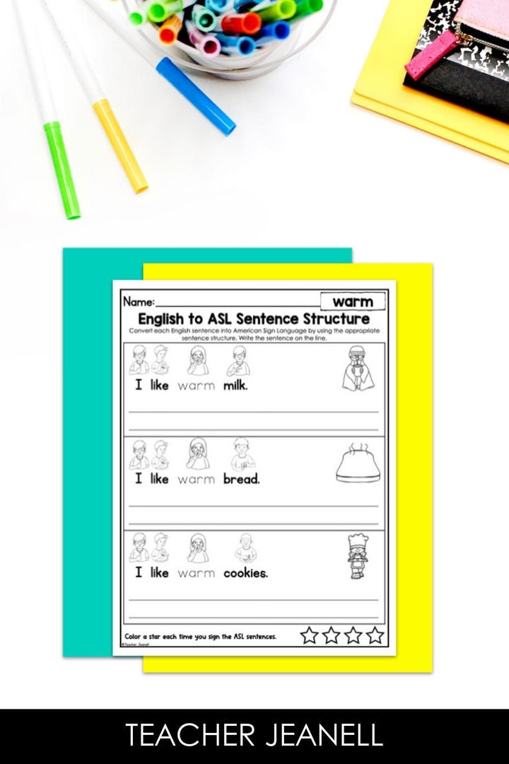 English to ASL Sentence Structure Sight Words Bundle | ASL Grammar Worksheets - Teacher Jeanell