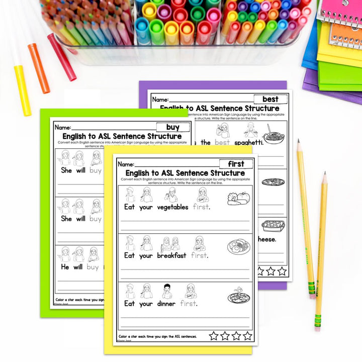 English to ASL Sentence Structure Sight Words Bundle | ASL Grammar Worksheets - Teacher Jeanell