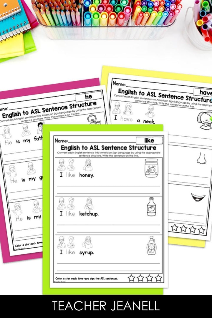 English to ASL Sentence Structure Sight Words Bundle | ASL Grammar Worksheets - Teacher Jeanell