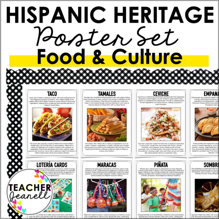 Hispanic Heritage Month Bulletin Board Posters Food & Cultural Celebration - Teacher Jeanell