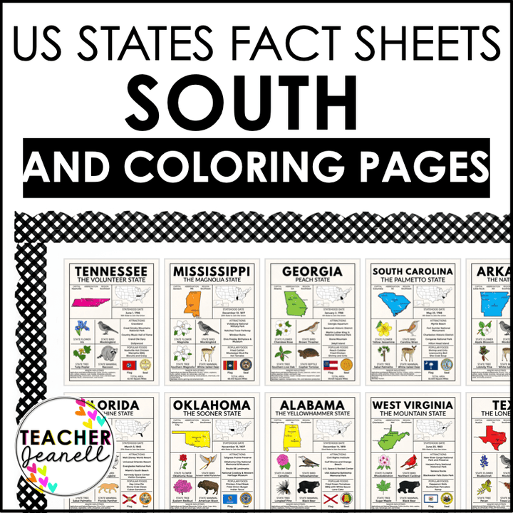 South Region State Facts Poster Bundle – Educational Geography Prints for Classrooms & Home Learning - Teacher Jeanell