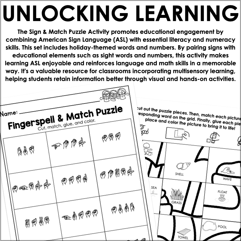 Summer - Themed ASL Sign and Match Puzzle – Interactive American Sign Language Learning for Kids - Teacher Jeanell