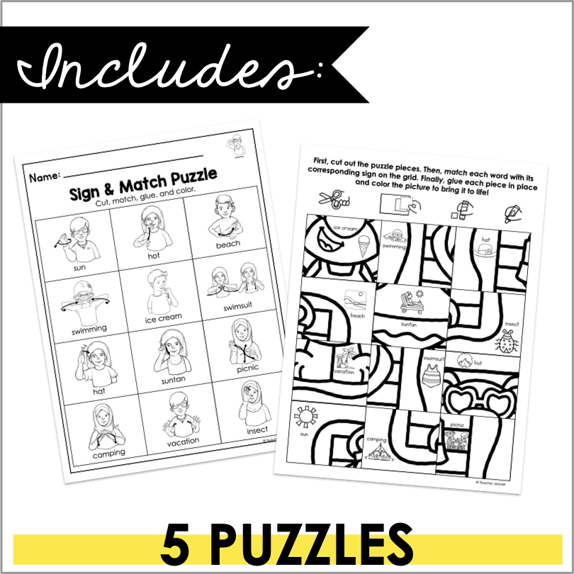 Summer - Themed ASL Sign and Match Puzzle – Interactive American Sign Language Learning for Kids - Teacher Jeanell