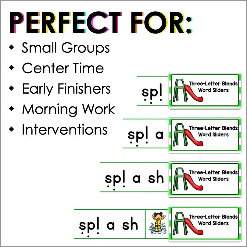 Trigraphs Segmenting and Blending Cards - 3 Letter Blends Word Sliders - Teacher Jeanell