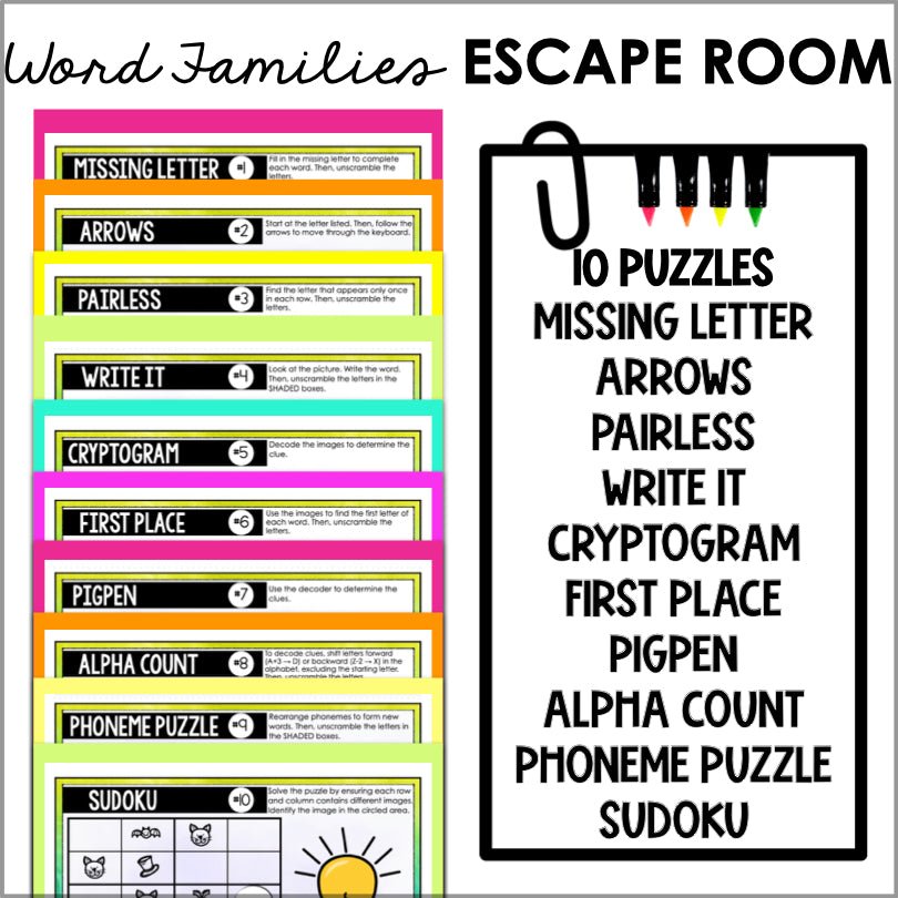 Word Families Escape Room Game | CVC and Blends Phonics End of Year Activities - Teacher Jeanell