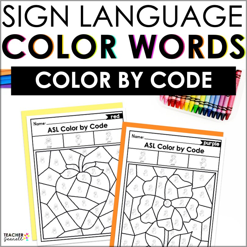 Single Color Sign Language ASL Color by Code Worksheets for Learning Sign Language Colors ...