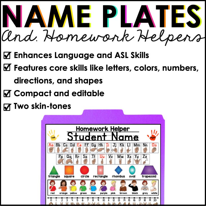 ASL Desk Name Plates and Homework Helpers Editable - Teacher Jeanell