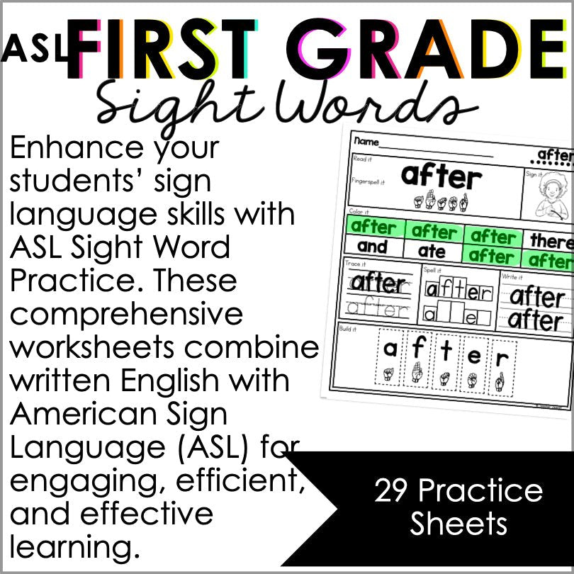 ASL First Grade Sight Words - Sign Language Worksheets - Teacher Jeanell
