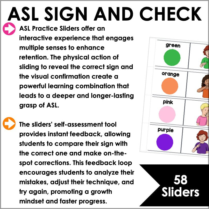 ASL Practice Sliders Letters, Numbers, and Colors - Sign and Check - Teacher Jeanell