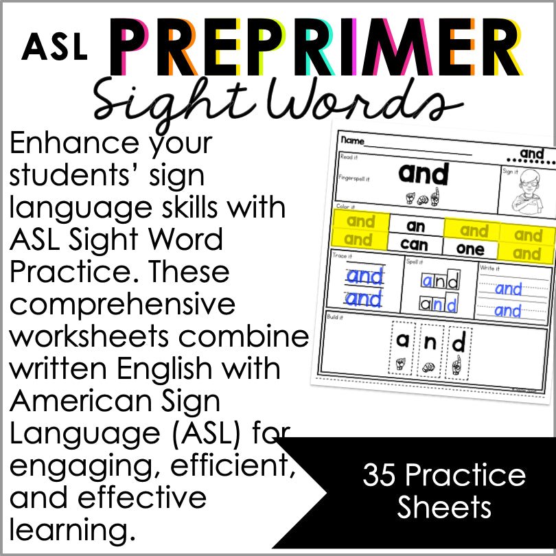 ASL Pre-Primer Sight Words Worksheets for Sign Language Learning and ...