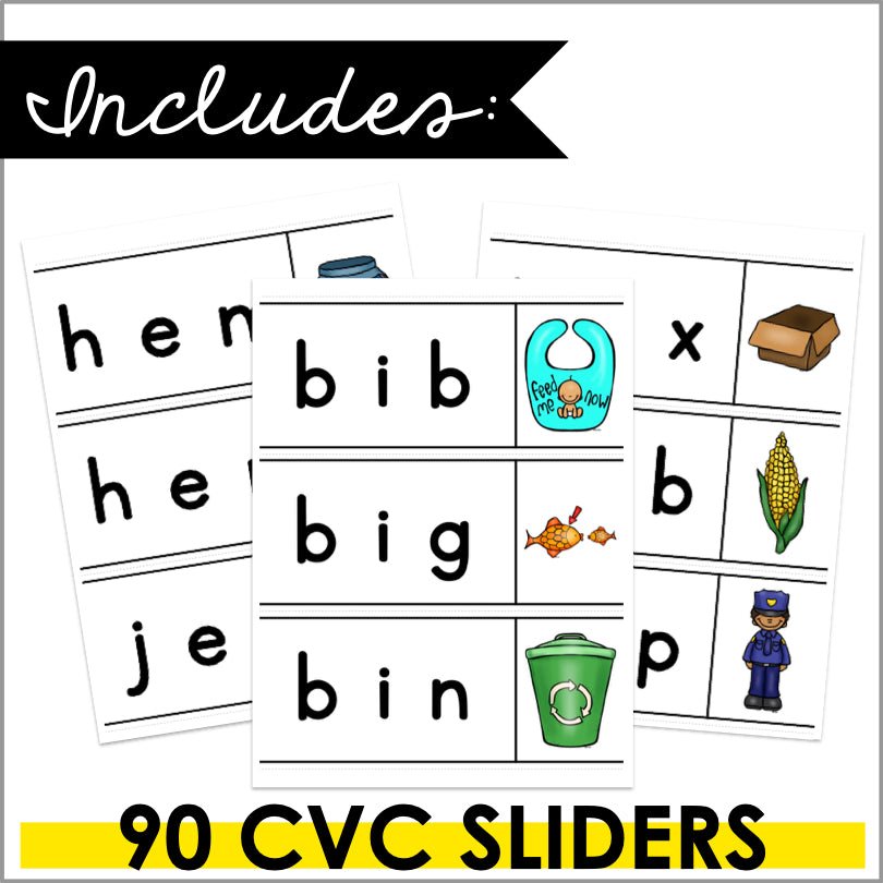 CVC Word Sliders - Short Vowels Segmenting and Blending Word Slider Cards - Teacher Jeanell