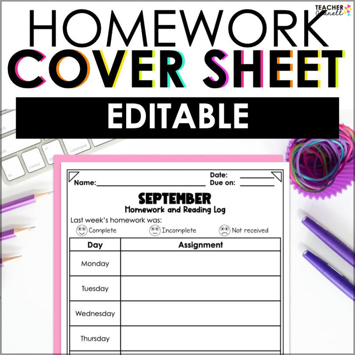 Editable Homework Cover Sheet with Reading Log - Teacher Jeanell