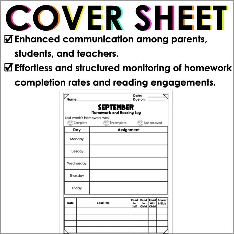 Homework Worksheet Cover Editable Homework Cover Sheet with Reading Log for Student Success ...