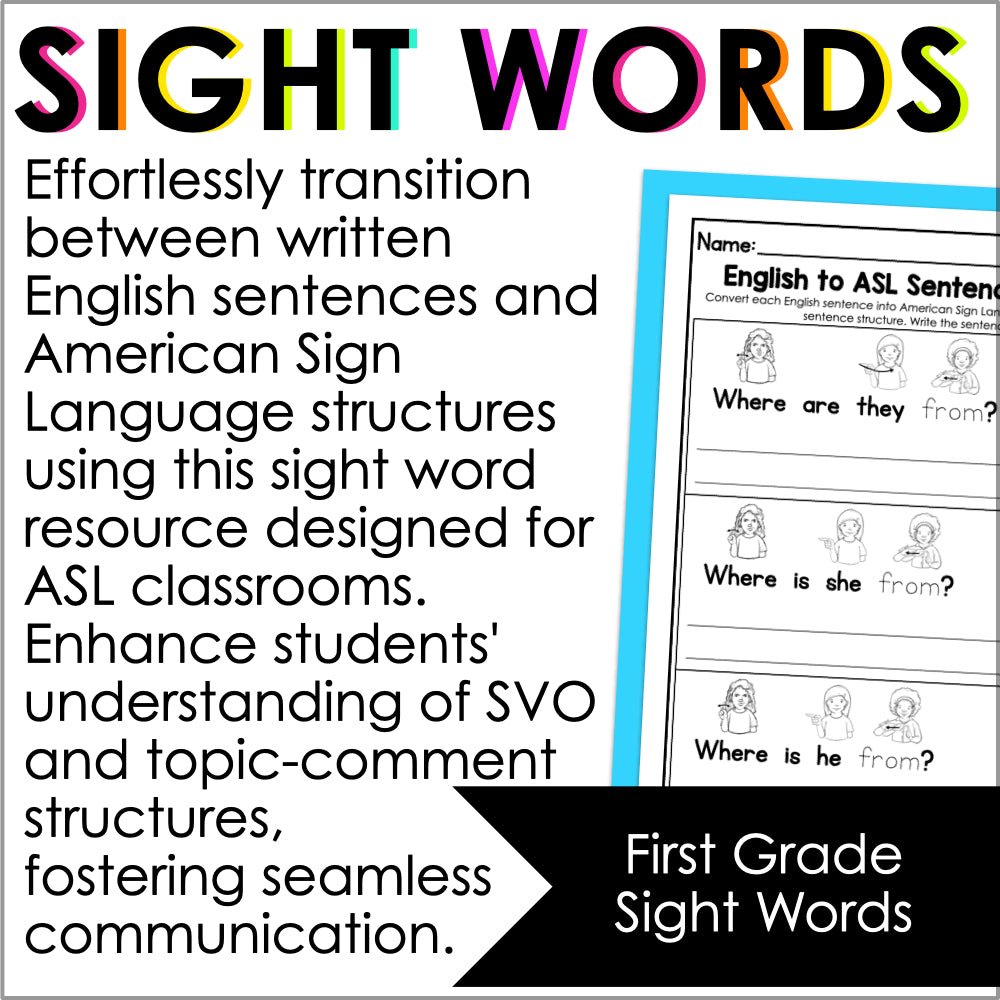 English to ASL Sentence Structure First Grade Sight Words - ASL Grammar - Teacher Jeanell