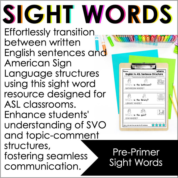 English to ASL Sentence Structure Pre-Primer Sight Words Worksheets | ASL Grammar - Teacher Jeanell