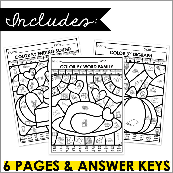 Thanksgiving Color by Code Phonics Worksheets | Thanksgiving Coloring Pages - Teacher Jeanell